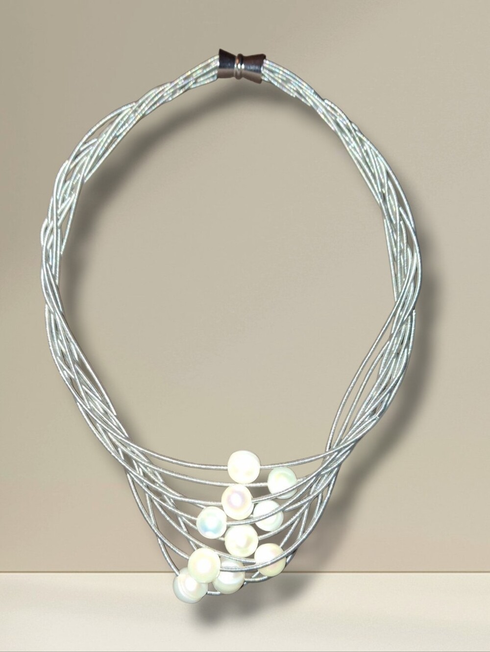 Genuine Pearl Silver 10 Multi-Strand Necklace with 10 White Pearls Magnet Clasp